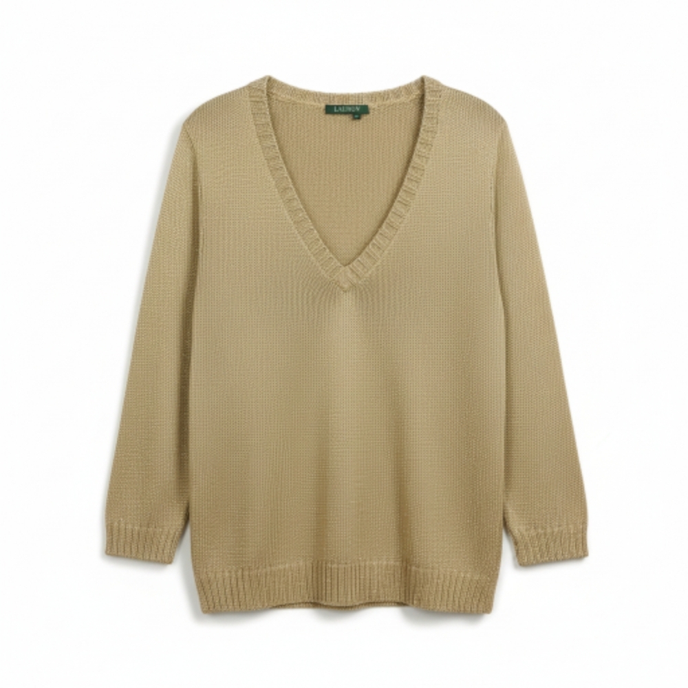 Lauren Ralph Lauren Sz. XL Metallic Gold V-neck 7/8 Sleeves Sweater